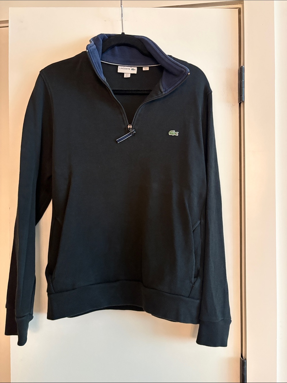 Lacoste Men's Black Quarter-Zip Sweater with Navy Trim